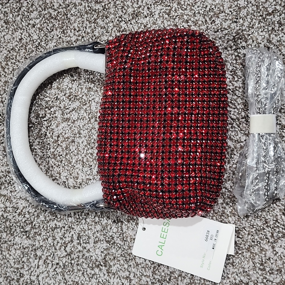 Ruby Red Beaded Rhinestone Crossbody Top Handle Bag New - Picture 6 of 6